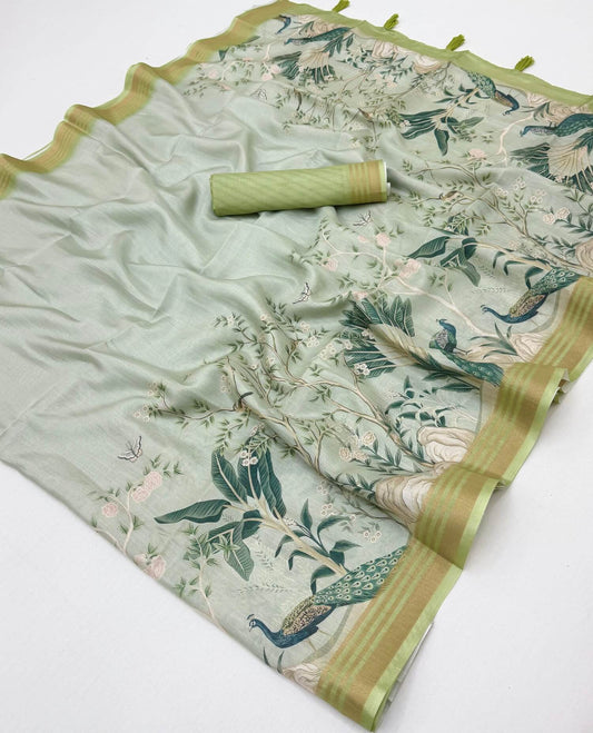Staring Pista Printed Cotton Silk Saree With Mesmeric Blouse Piece
