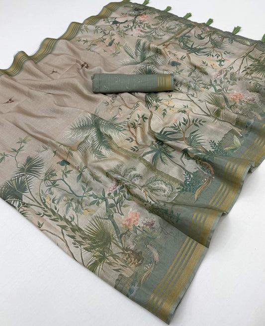 Cynosure Beige Printed Cotton Silk Saree With Surpassing Blouse Piece