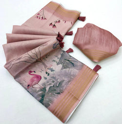 Snazzy Pink Printed Cotton Silk Saree With Verdant Blouse Piece