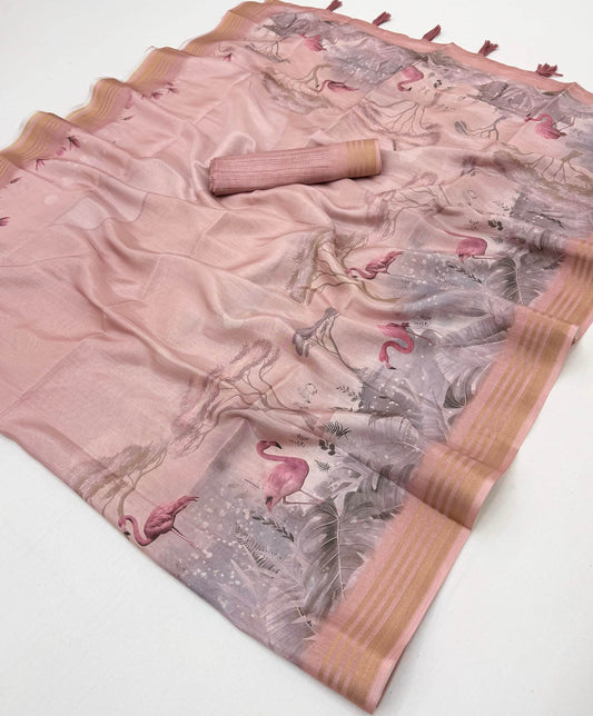 Snazzy Pink Printed Cotton Silk Saree With Verdant Blouse Piece