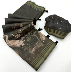 Lissome Dark Green Printed Cotton Silk Saree With Majesty Blouse Piece