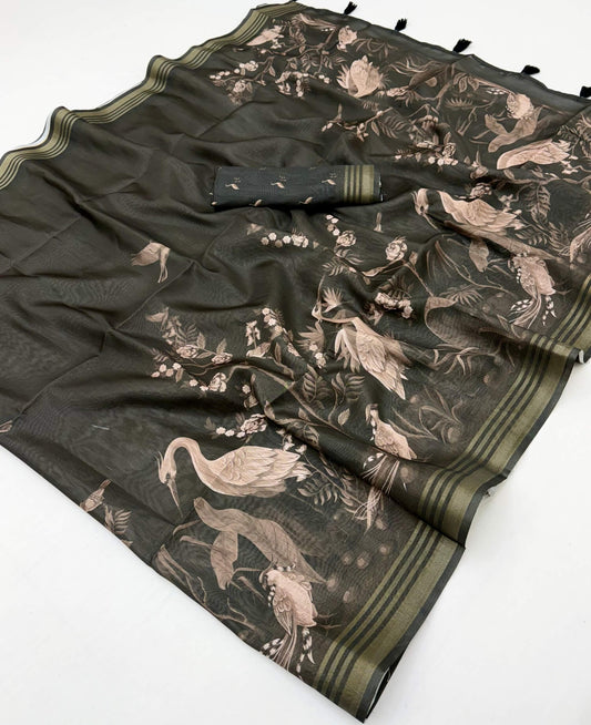 Lissome Dark Green Printed Cotton Silk Saree With Majesty Blouse Piece