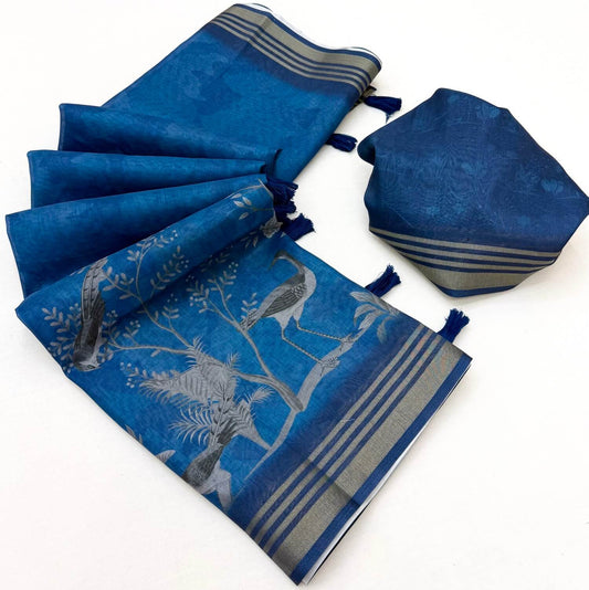 Elaborate Blue Printed Cotton Silk Saree With Incredible Blouse Piece