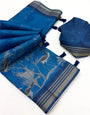 Elaborate Blue Printed Cotton Silk Saree With Incredible Blouse Piece
