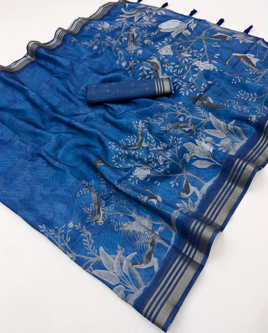 Elaborate Blue Printed Cotton Silk Saree With Incredible Blouse Piece