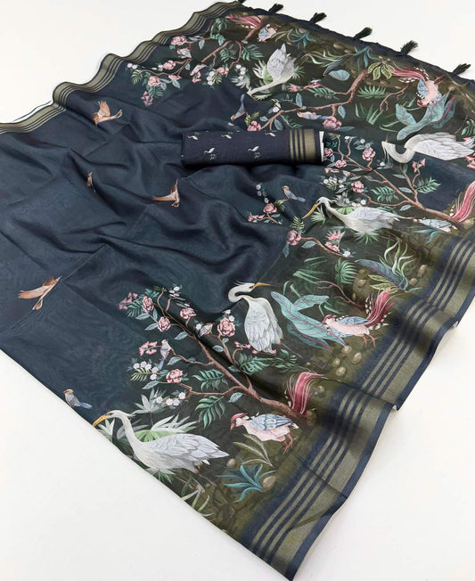 Lassitude Black Printed Cotton Silk Saree With Susurrous Blouse Piece