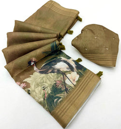Breathtaking Brown Printed Cotton Silk Saree With Extraordinary Blouse Piece
