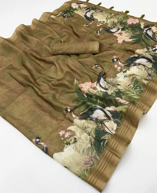 Breathtaking Brown Printed Cotton Silk Saree With Extraordinary Blouse Piece