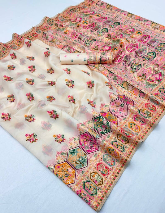 Surreptitious Beige Pashmina Silk Saree With Ineffable Blouse Piece