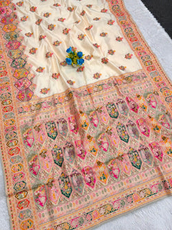 Surreptitious Beige Pashmina Silk Saree With Ineffable Blouse Piece