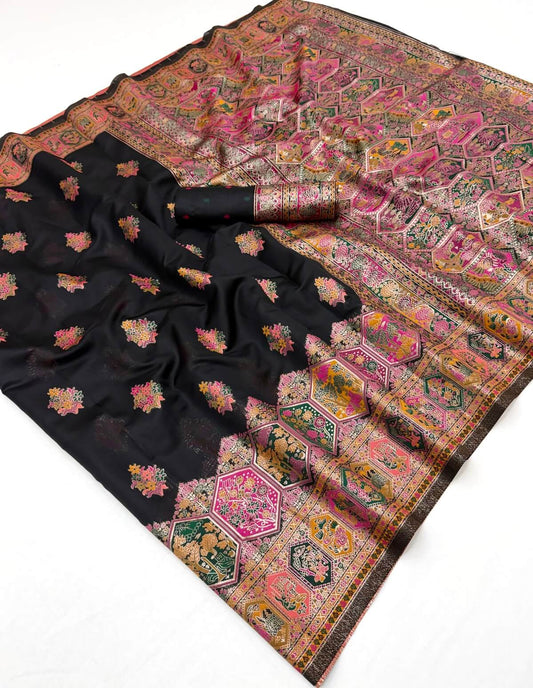 Splendorous Black Pashmina Silk Saree With Traditional Blouse Piece