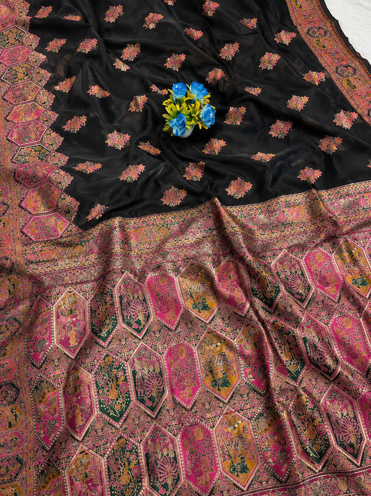 Splendorous Black Pashmina Silk Saree With Traditional Blouse Piece