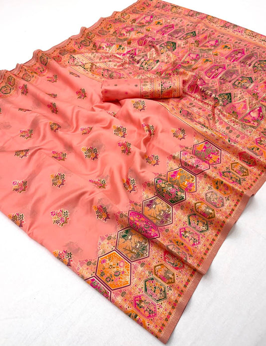 Delectable Peach Pashmina Silk Saree With Enchanting Blouse Piece