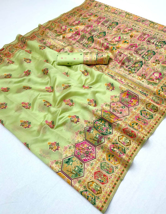 Desirable Pista Pashmina Silk Saree With Assemblage Blouse Piece