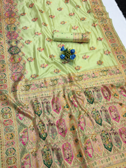 Desirable Pista Pashmina Silk Saree With Assemblage Blouse Piece