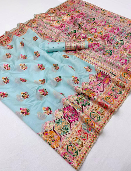 Ideal Sky Pashmina Silk Saree With Propinquity Blouse Piece