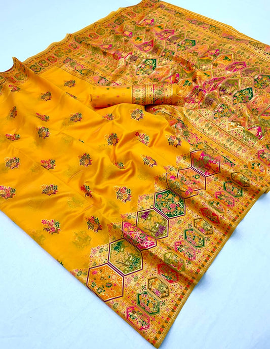 Stunner Yellow Pashmina Silk Saree With Divine Blouse Piece