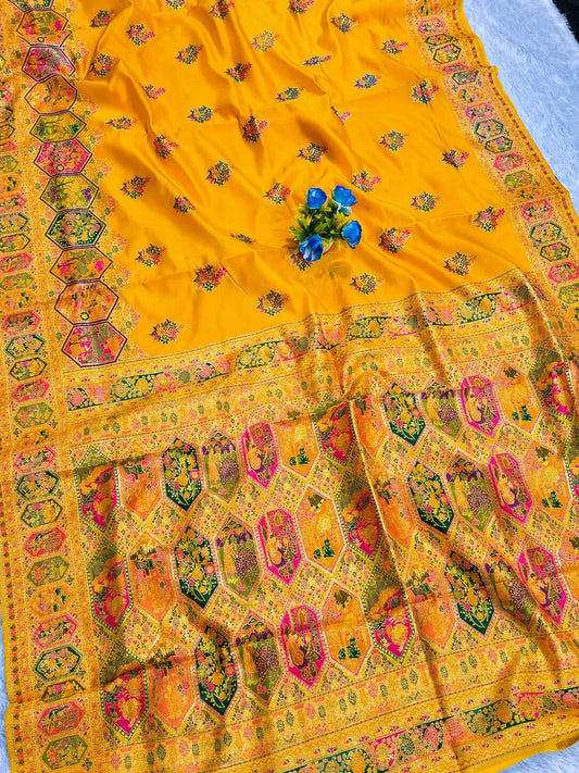 Stunner Yellow Pashmina Silk Saree With Divine Blouse Piece