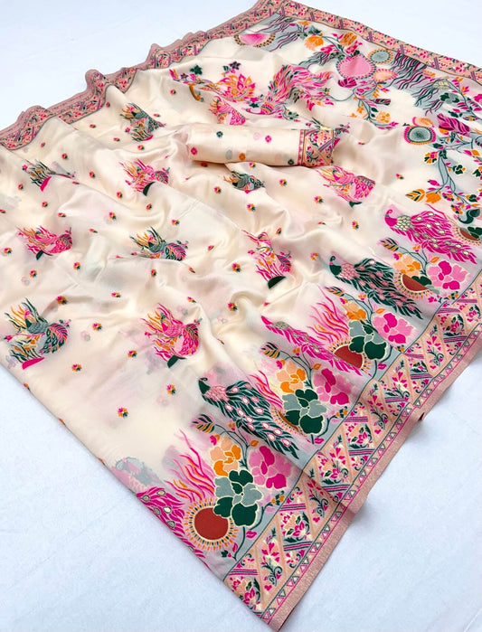 Elaborate Beige Pashmina Silk Saree With Imaginative Blouse Piece