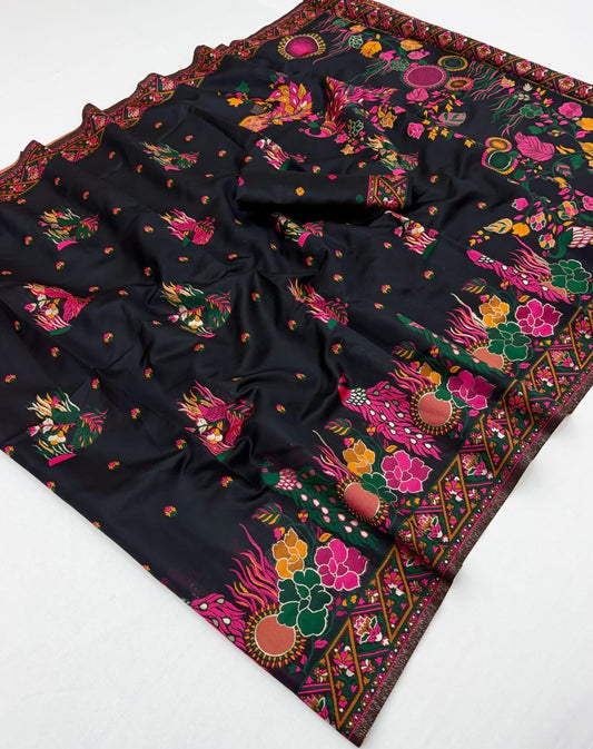 Bucolic Black Pashmina Silk Saree With Piquant Blouse Piece