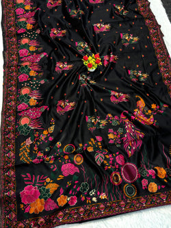 Bucolic Black Pashmina Silk Saree With Piquant Blouse Piece