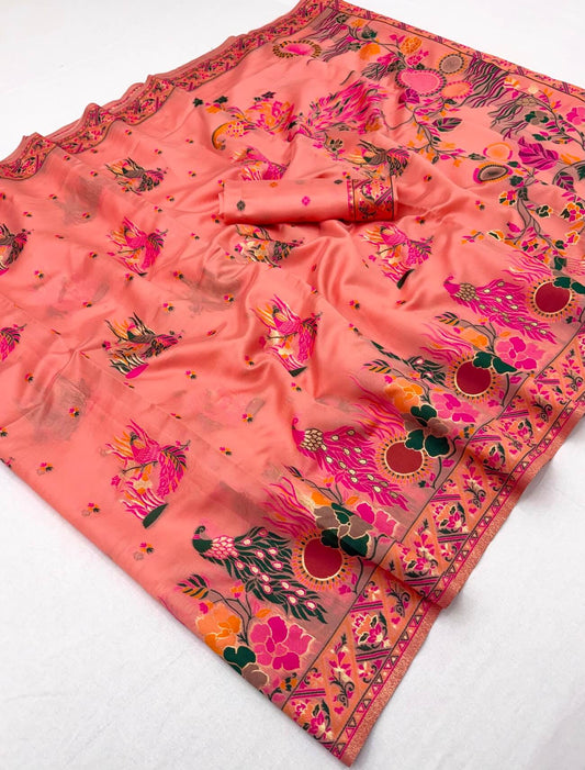 Ethnic Peach Pashmina Silk Saree With Prettiest Blouse Piece