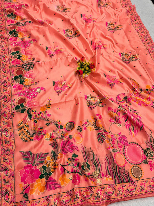 Ethnic Peach Pashmina Silk Saree With Prettiest Blouse Piece