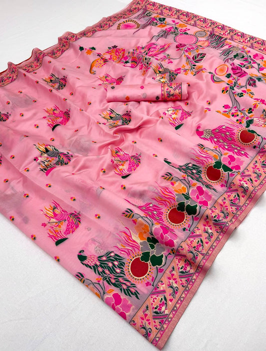Tremendous Pink Pashmina Silk Saree With Energetic Blouse Piece