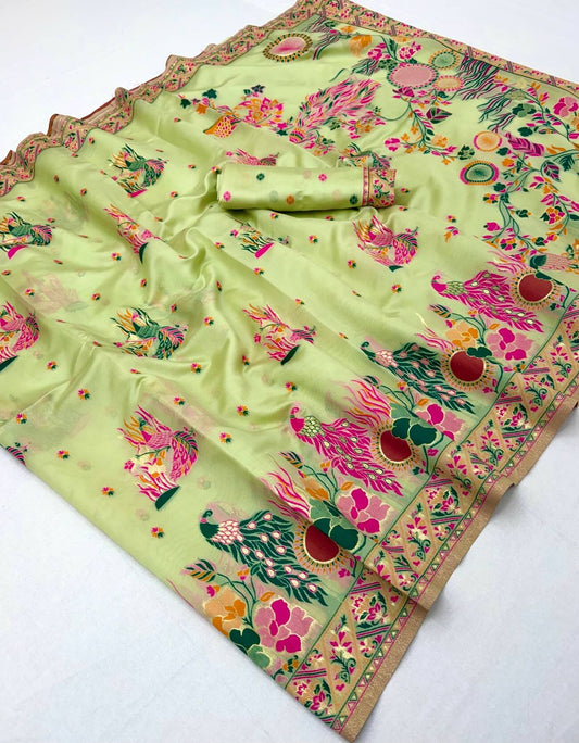 Glamorous Pista Pashmina Silk Saree With Verdant Blouse Piece