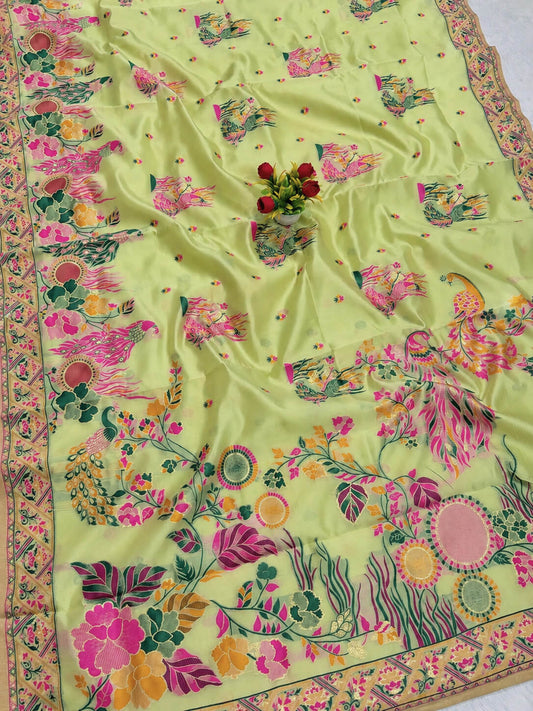 Glamorous Pista Pashmina Silk Saree With Verdant Blouse Piece