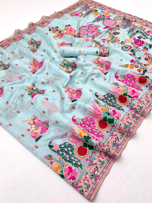 Groovy Sky Pashmina Silk Saree With Artistic Blouse Piece