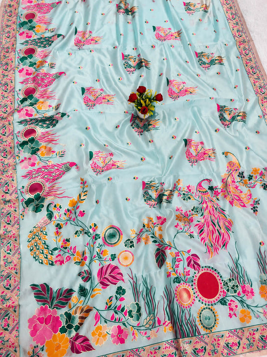 Groovy Sky Pashmina Silk Saree With Artistic Blouse Piece