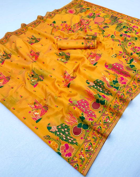 Woebegone Yellow Pashmina Silk Saree With Alluring Blouse Piece