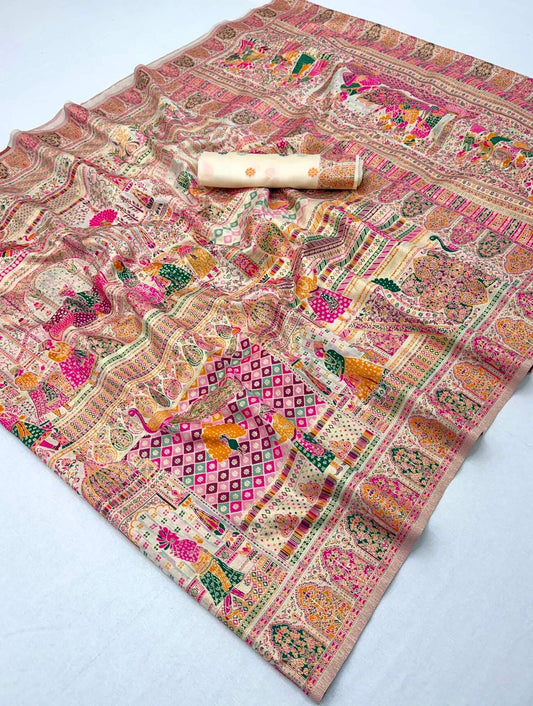 Nebula Beige Pashmina Silk Saree With Ratatouille Blouse Piece