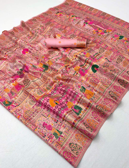 Embellished Pink Pashmina Silk Saree With Hypnotic Blouse Piece