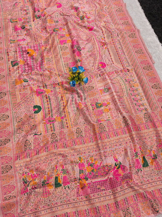 Embellished Pink Pashmina Silk Saree With Hypnotic Blouse Piece