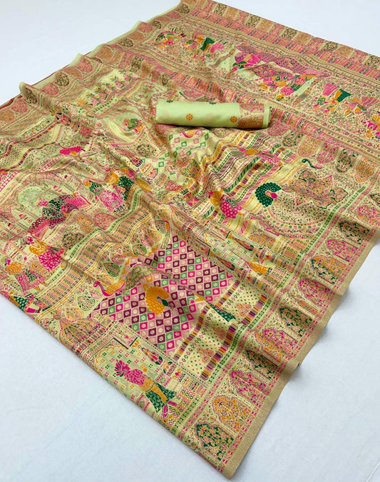 Invaluable Pista Pashmina Silk Saree With Enigmatic Blouse Piece