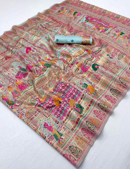 Eclat Sky Pashmina Silk Saree With Staring Blouse Piece