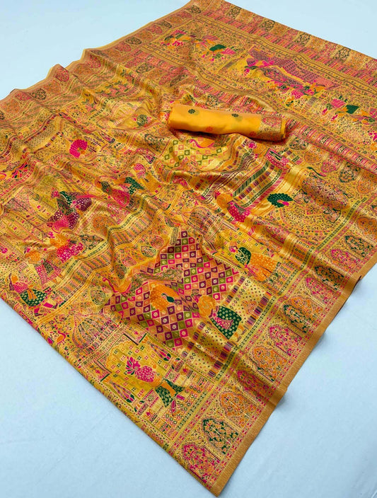 Palimpsest Yellow Pashmina Silk Saree With Gleaming Blouse Piece