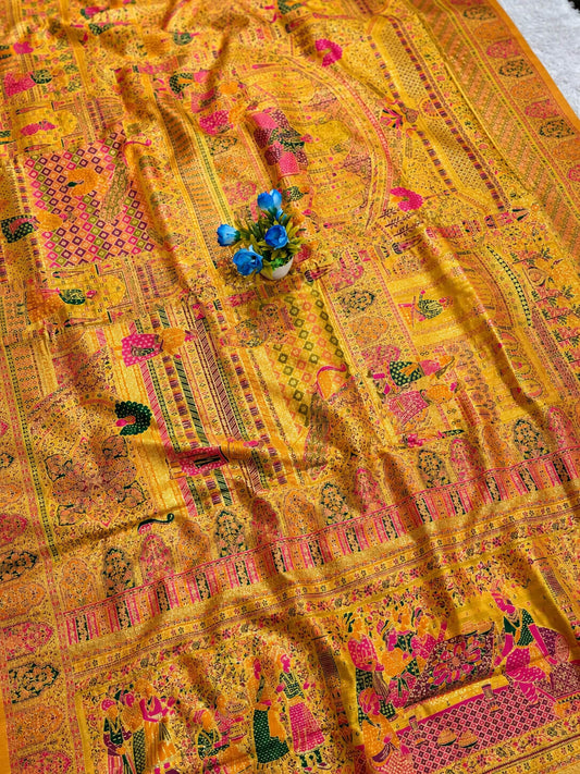 Palimpsest Yellow Pashmina Silk Saree With Gleaming Blouse Piece