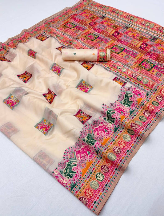 Desultory Beige Pashmina Silk Saree With Elision Blouse Piece