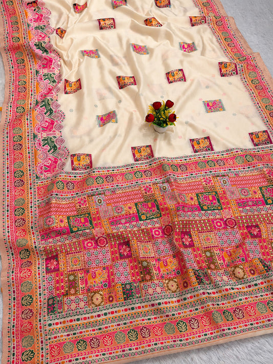 Desultory Beige Pashmina Silk Saree With Elision Blouse Piece