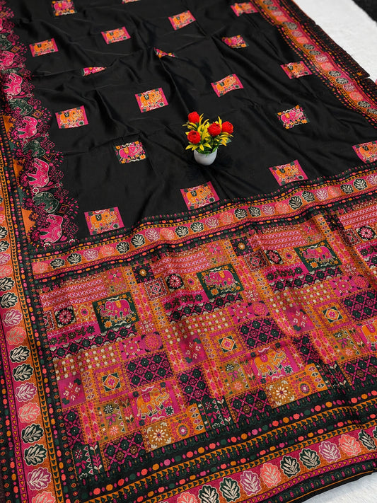 Amiable Black Pashmina Silk Saree With Angelic Blouse Piece