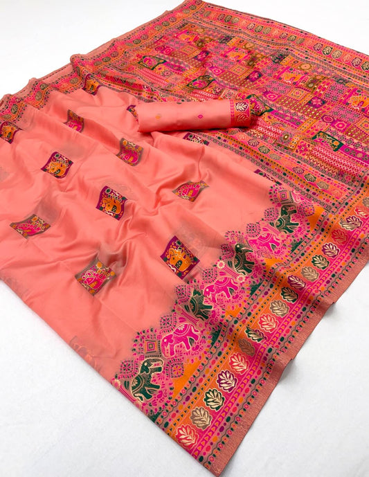 Prodigal Peach Pashmina Silk Saree With Glittering Blouse Piece