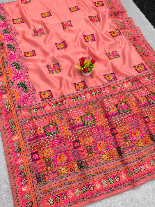 Prodigal Peach Pashmina Silk Saree With Glittering Blouse Piece