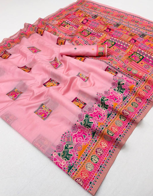 Stunning Pink Pashmina Silk Saree With Phenomenal Blouse Piece