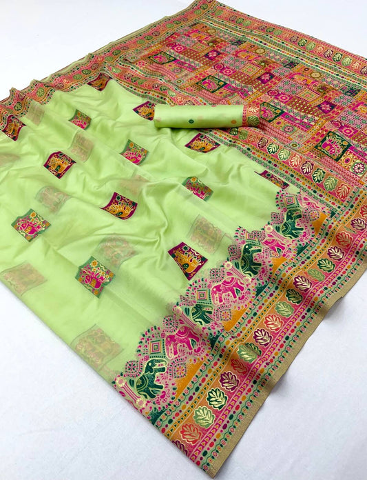 Sophisticated Pista Pashmina Silk Saree With Engrossing Blouse Piece