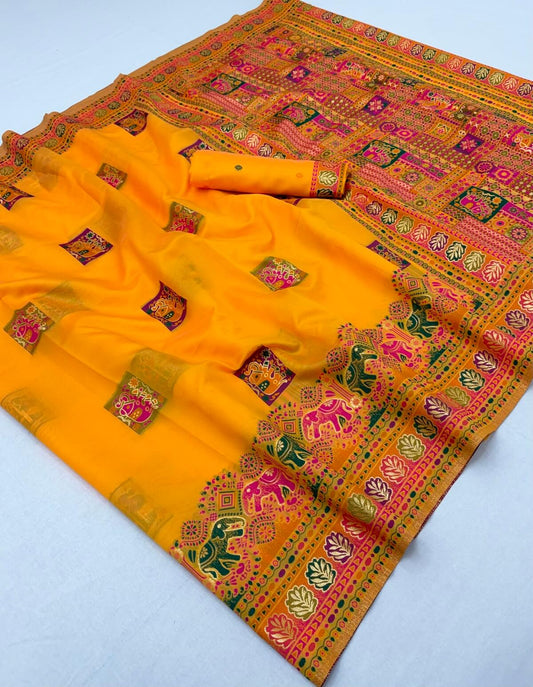 Vestigial Yellow Pashmina Silk Saree With Gorgeous Blouse Piece