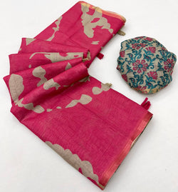 Allure Dark Pink Printed Cotton Silk Saree With Assemblage Blouse Piece