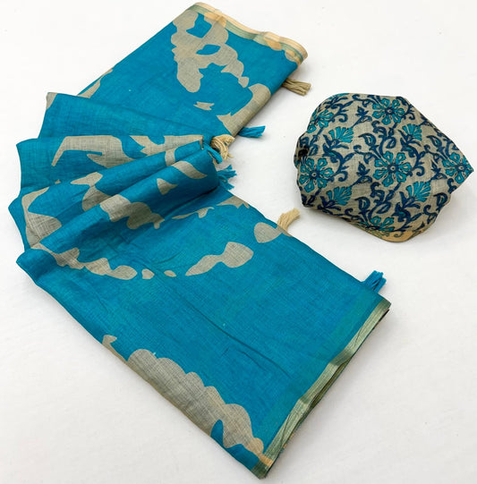 Sonorous Sky Printed Cotton Silk Saree With Glittering Blouse Piece